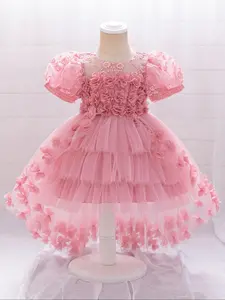 Pink Trailing Baby Girl Clothes 3D Flower Embroidered Christening Cocktail Toddler Baptism Pageant Ball Gown Princess Dress for all Season 6 Months to 3 Years Princess Seraphina Dress