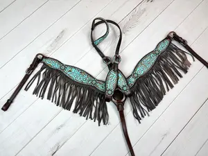 Turquoise Filigree Brown Leather Fringe Tack Set