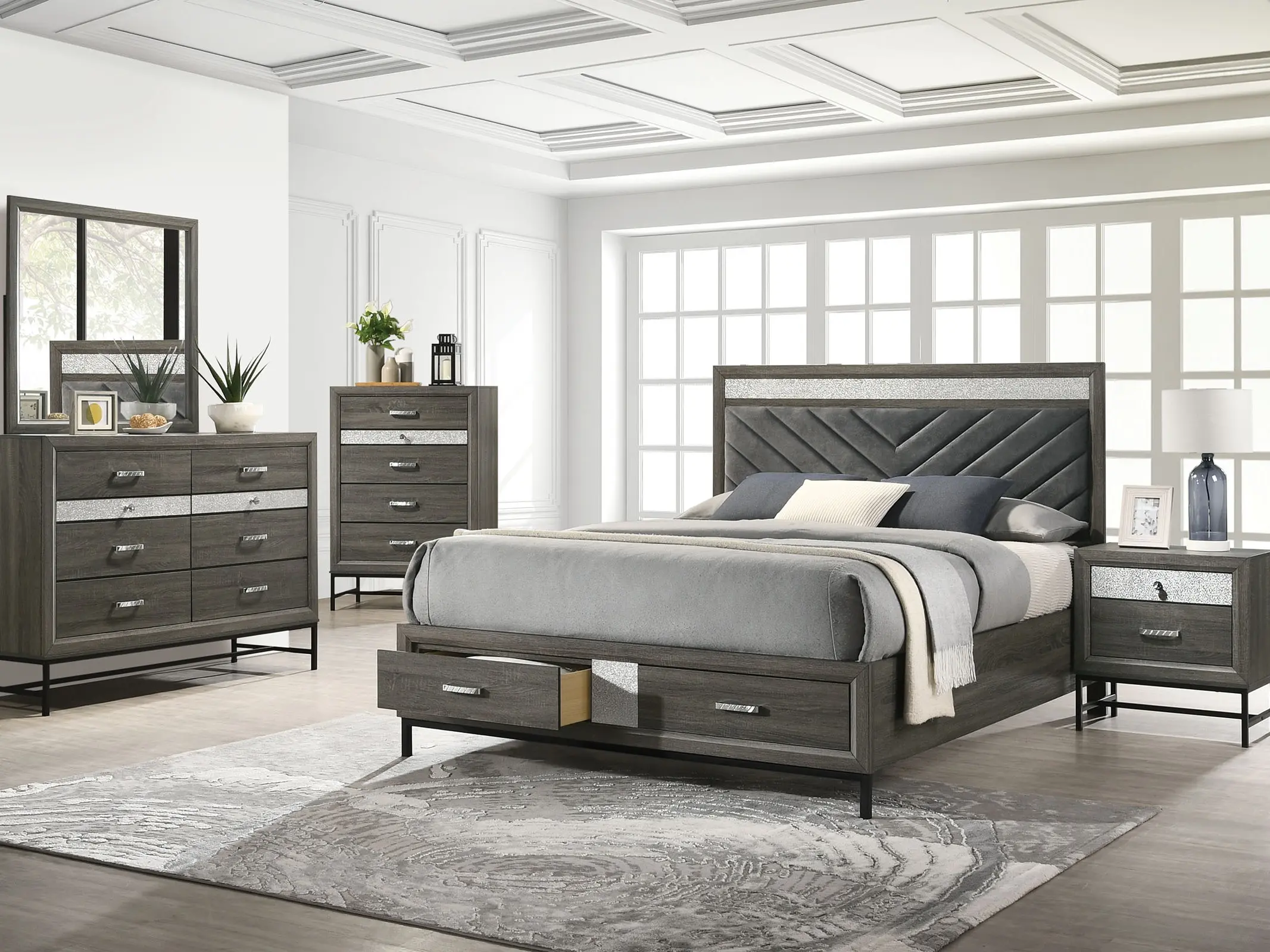Voleta Modern 4-Piece Bedroom Set with Storage Bed and Chevron Upholstered Headboard – Stylish Gray Finish