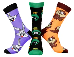 WB Looney Tunes Character Men's Bugs Bunny Taz Marvin The Martian 3 Pair Casual Crew Socks Mid Calf