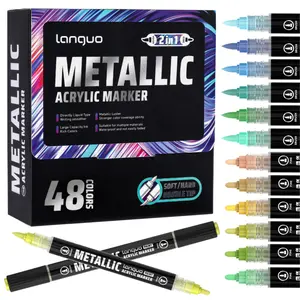 Acrylic Paint Metallic Markers, Waterproof Brush Markers, Automatic ink control Dual Tip (Brush & Fine)for Black Paper & Rock Painting Metallic Acrylic Paint Markers for DIY Crafts, Scrapbooking, Glass, Wood