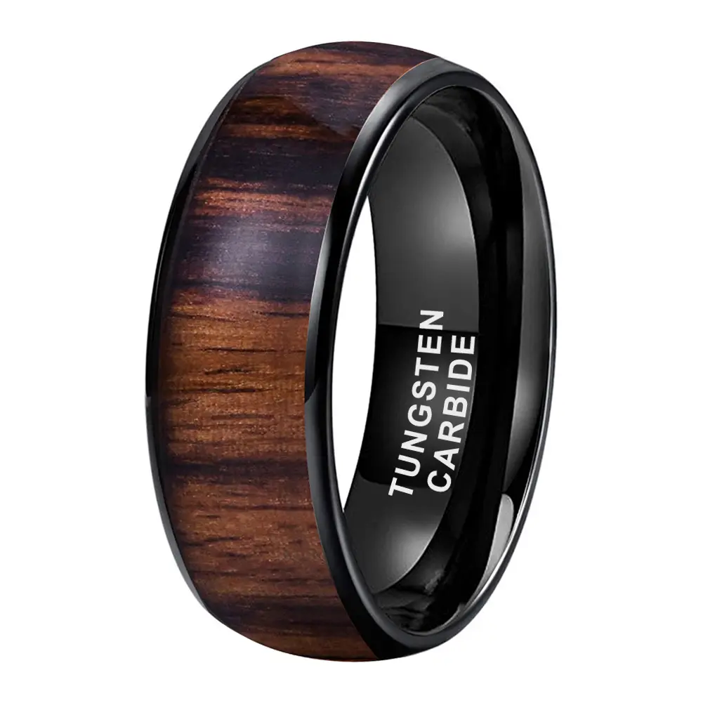8mm Black Tungsten Carbide Ring with Natural Wood Inlay, Men & Women Wedding Band, Scratch Resistant Comfort Fit Ring, Minimalist Rustic Style Promise Ring, Anniversary Gift for Him or Her