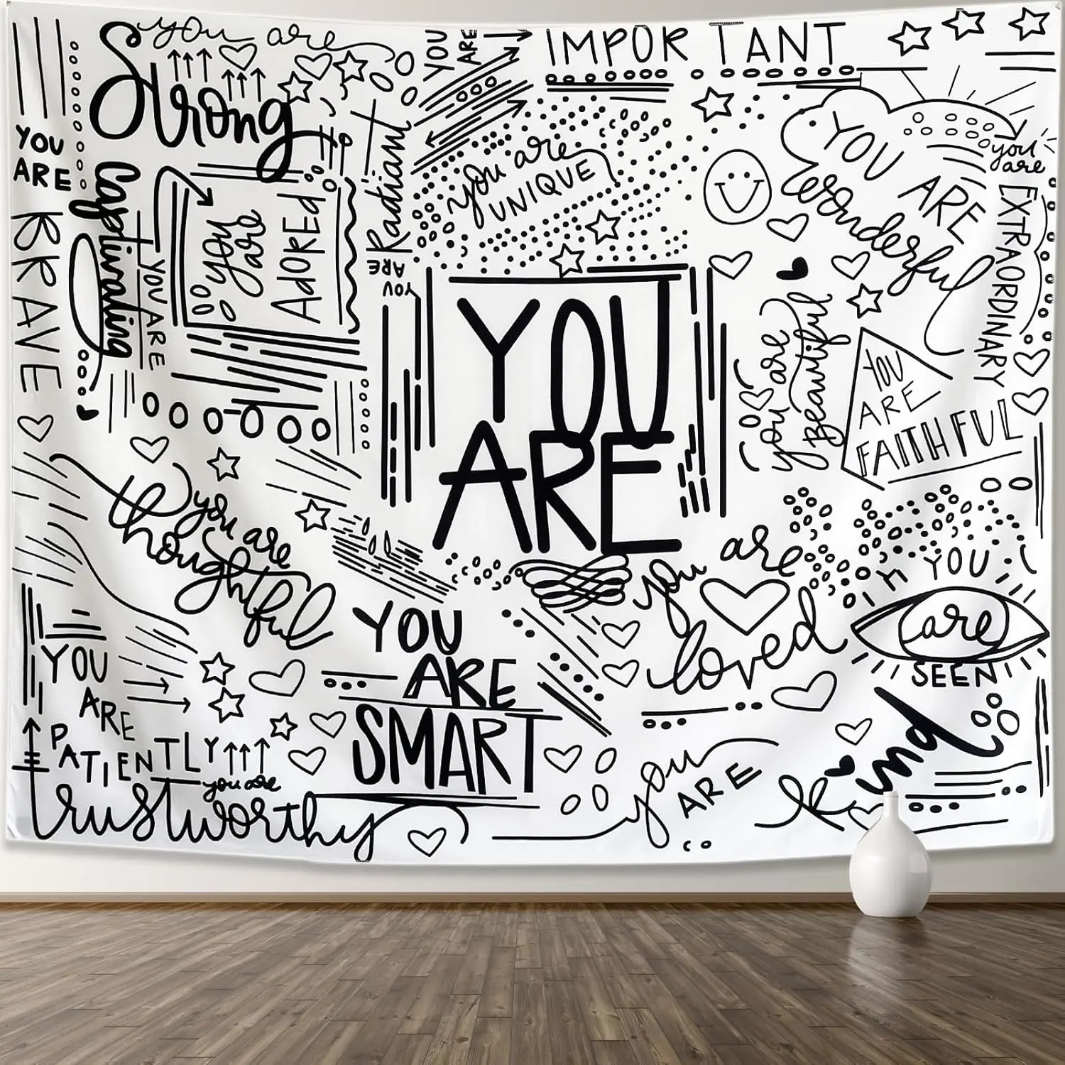 Black and White Inspirational Quote You Are Wall Tapestry Classroom Kids Tapestries Wall Hanging Motivational Positive Affirmations Saying Wall Decor Aesthetic Tapestry for Bedroom Dorm