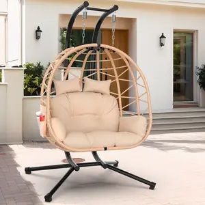 Double Egg Chair with Stand, 2 Person Egg Swing Chair, Rattan Wicker Swing with UV Resistant Cushion and Pillow, for Indoor Outdoor Bedroom Patio