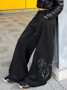 Women's Gothic Butterfly Print Wide Leg Pants, Soft Comfortable Fabric, Casual Loose Fit All Seasons, Fashionable Street Style, Casual Street Trousers