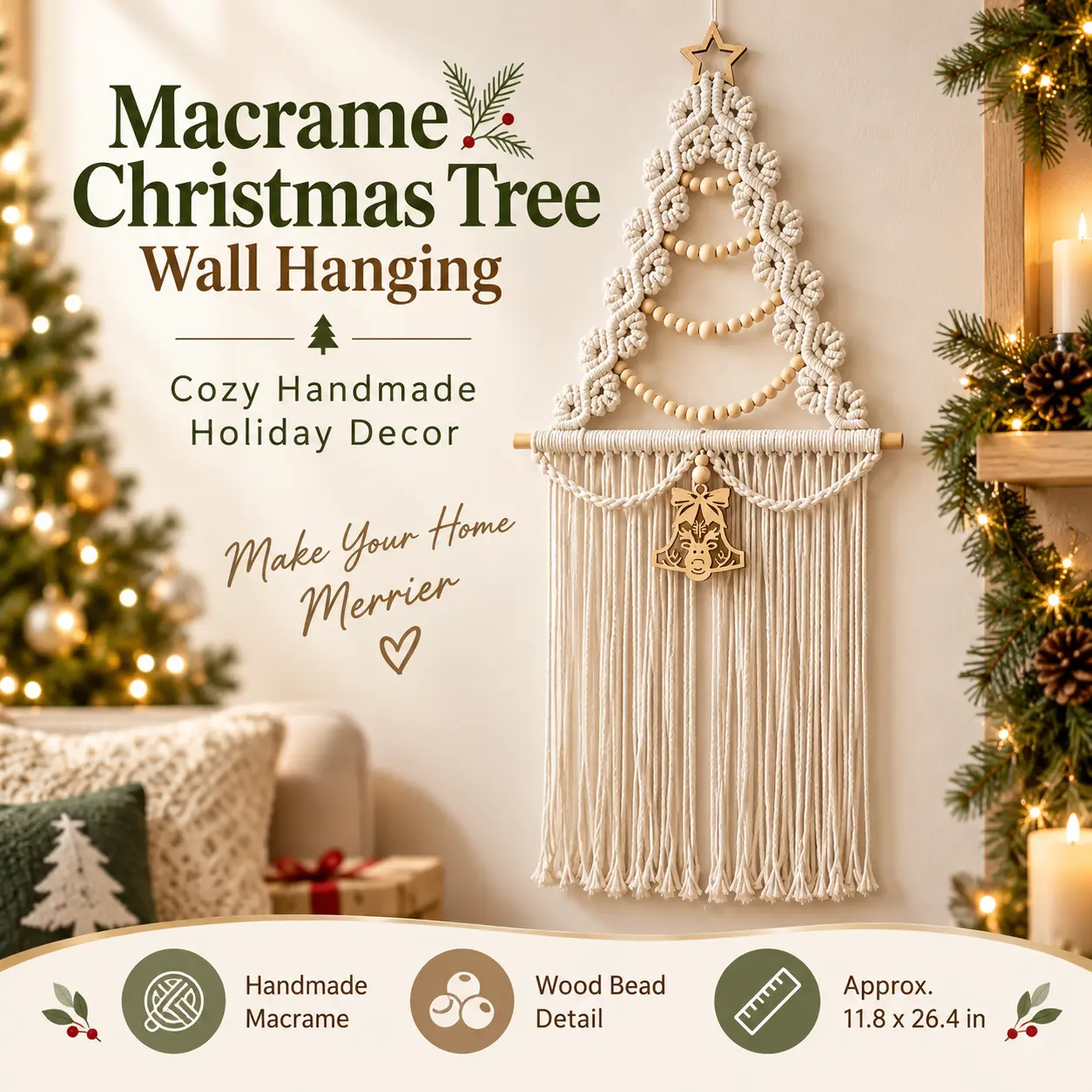 Macrame Christmas Tree Wall Hanging with Wood Beads and Tassels, Boho Holiday Wall Decor, Ivory, 11.8 x 26.4 in