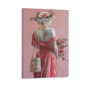 Modern Art White Canvas Plaster Wall Art, Elegant Lady Sculpture Pink Dress Floral Crown Fashion Decor for Bedroom Beauty Salon Boutique Canvas Poster Bedroom Decor Sports Landscape Office Room Decor Gift Frames Ornaments Flower Artistic Decoration Photo