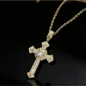 Moissanite-Set Cross Pendant with Rope Chain Unique Men's Necklace Hip-Hop Jewelry Full Pavé Shine Twisted Chain Durable Skin-Friendly Gift For Him