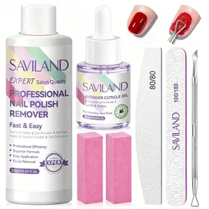 SAVILAND 100% Acetone Nail Polish Remover Set – 8.45oz Professional Nail Polish Remover with Cuticle Oil (Castor Oil & Vitamin E), Nail File & Buffer for Nail Repair and Care