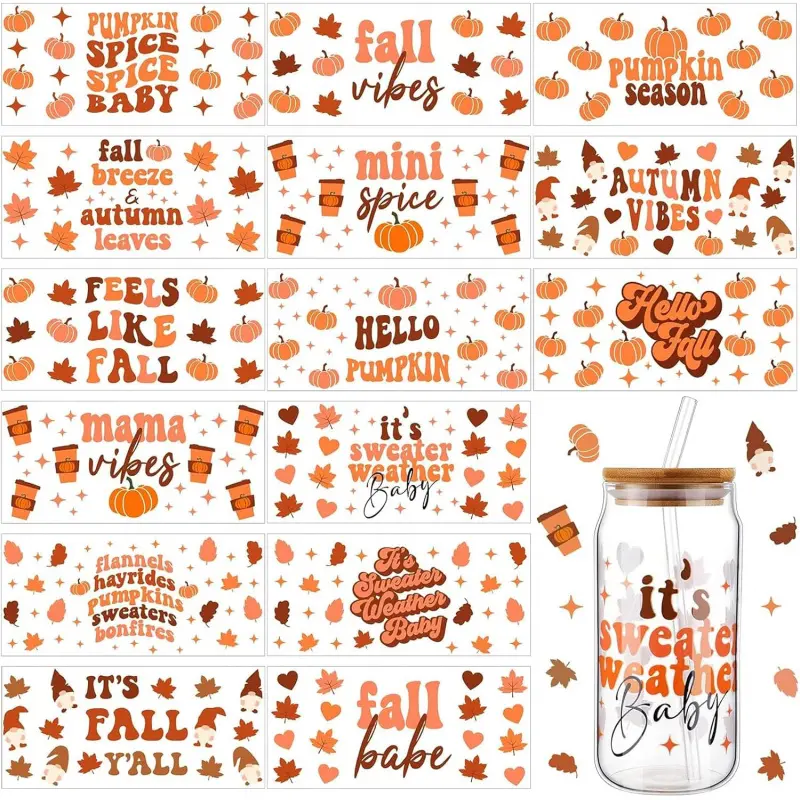 15 Sheets Thanksgiving UV Dtf Cup Wrap Pumpkin Fall Transfer Decals for 16 oz Glass Bottle Autumn Themed Pumpkin Maple Leaves Cup Wrap Transfer Stickers for DIY Mug Glasses Crafting