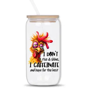 Rooster Pattern Glass Cup, 16oz/500ML Funny Rooster Drinking Glasses with Bamboo Lids & Glass Straw, Mason Cup, Glass Tumbler, Funny Animal Gift, Drinkware