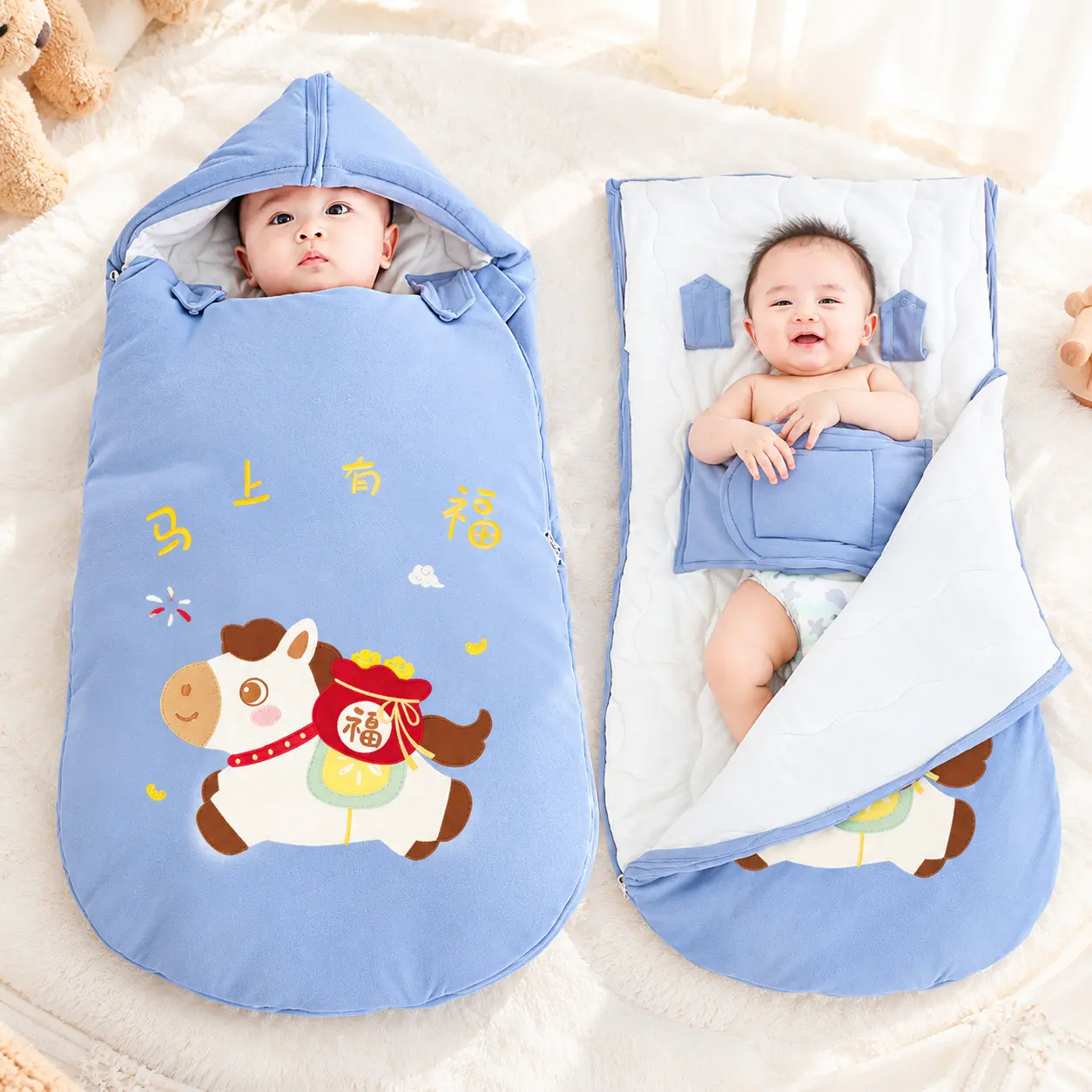 2-in-1 Newborn Baby Swaddle Blanket & Sleep Sack, Thick Warm Hooded Baby Wrap, Soft Cozy Anti-Kick Sleeping Bag for Fall & Winter, Baby Essentials