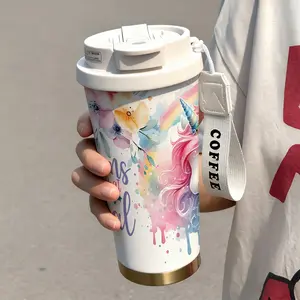 1 Pc Unicorn Floral Rainbow Pattern 18oz/530ml Thermal Mug, Double Wall Stainless Steel, Leak Proof Lid, Portable Carrying Strap, Keeps Drinks Hot 12H Cold 24H, Magical Gift For Women Men, Birthday Holiday Daily Office Travel Use