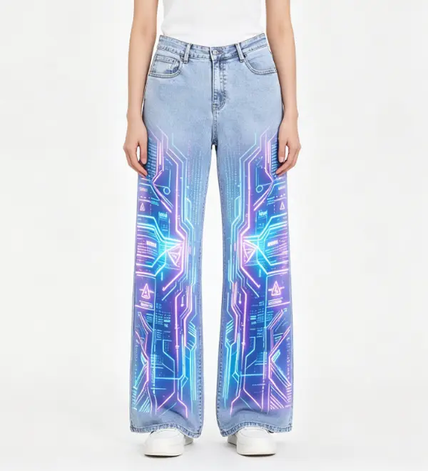 Light Wash High Waist Dual Leg Iridescent Neon Cyber Circuit Board Tech Graphic Print Wide Leg Flare Jeans Women Futuristic Cyberpunk Y2K Loose Bootcut Denim Trousers, All Patterns Are Printed Design