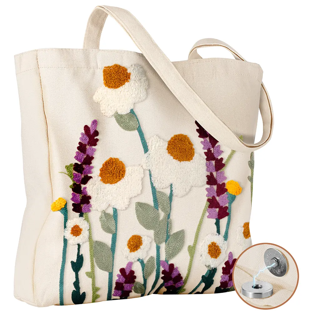 Miss Adola Aesthetic Blue Butterfly Embroidered Natural Cotton Linen Tote Bag for Women, Large Capacity Reusable Shoulder Bag for Work & Shopping, Bags