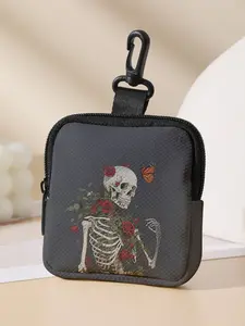 Skull Rose Pattern Printed Coin Wallet, Zipper Wallet Design, Zip Up Wallets, Multi-Functional Storage Bag, Durable Fashion Wallet, Durable Polyester with Digital Print, Ideal Valentine's Gift
