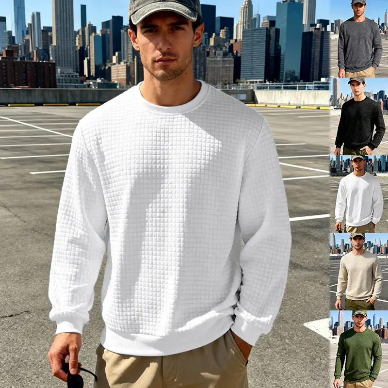 Menswear Men's Slim Fit Casual Textured Jacquard Small Check Pattern Crewneck Long-Sleeve Sweatshirt, Ribbed Cuffs & Hem, Fluid Drape, Solid Color - Ideal for Everyday Wear, Commuting