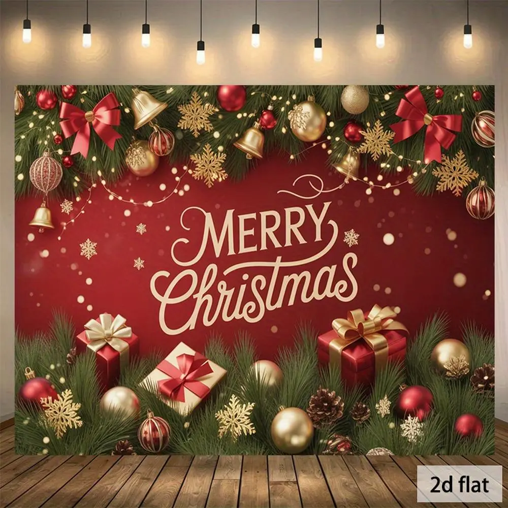 1pc Christmas Shimmer Wall Backdrop Banner - Printed Party Decoration Supplies, Elegant Cursive "Merry Christmas" Text, Red & Golden Bells, Presents, Lightweight Polyester Fabric for Home, Birthday Events