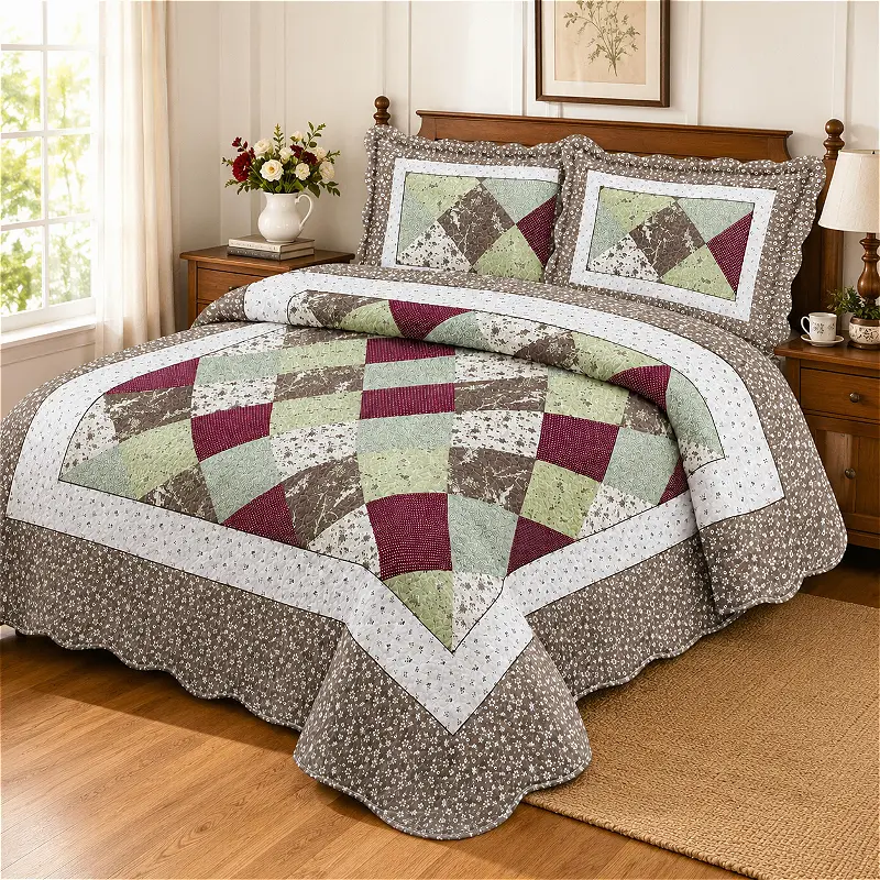 3pcs Queen Size Quilt 86 X 94 Inch, Vintage Cottagecore Patchwork Quilt, Farmhouse Rustic Country Bedspread, Geometric Block Pattern Coverlet, Traditional Handmade Style Bedding, Soft Lightweight All Season Quilt