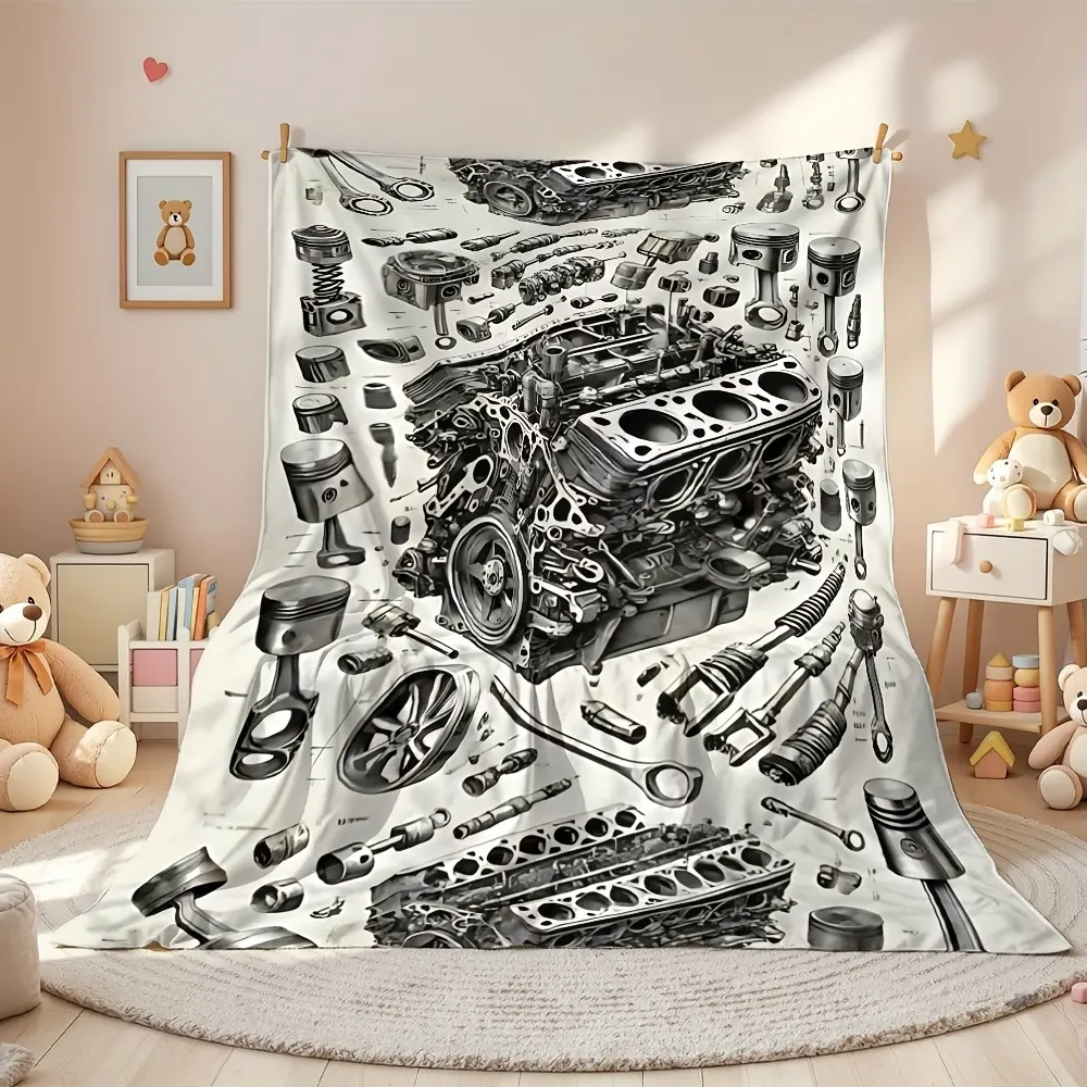 Automotive Engine Blueprint Blanket - Heavy duty Vehicle Diagram with Pistons, Gears, and V8V6 Cylinders - Four Seasons Soft Flannel Bed Cover, Suitable for Machinists, Rooms, Camping, Travel - Ideal Gift for Car Enthusiasts