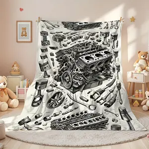 Automotive Engine Blueprint Blanket - Heavy duty Vehicle Diagram with Pistons, Gears, and V8V6 Cylinders - Four Seasons Soft Flannel Bed Cover, Suitable for Machinists, Rooms, Camping, Travel - Ideal Gift for Car Enthusiasts