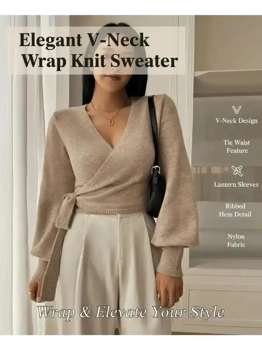 Women's Refined Elegant Wrap Knit Sweater with Long Lantern Sleeves Versatile Wear, V-Neck and Tie Waist, Slim Fit Top for Casual and Office Outfits, Style, Fabric, Durable Work Comfortable Fit, effortless layering