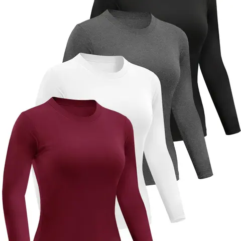 Women's 4-Pack Basic Maternity Long Sleeve Crew Neck Slim-Fit Compression Active Tops - Compression Shirts, Fitness Shirts, Maternity Clothes, Prenatal Clothing, Pregnancy Clothes for Gym-to-Home Wear