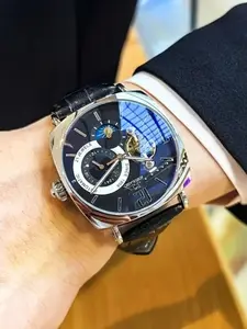 Elegant Men's Vintage Mechanical Watch, Hollow Dial, Alloy Case, Leather Strap, Automatic Wind-Up, Business Casual Wear, Perfect Gift