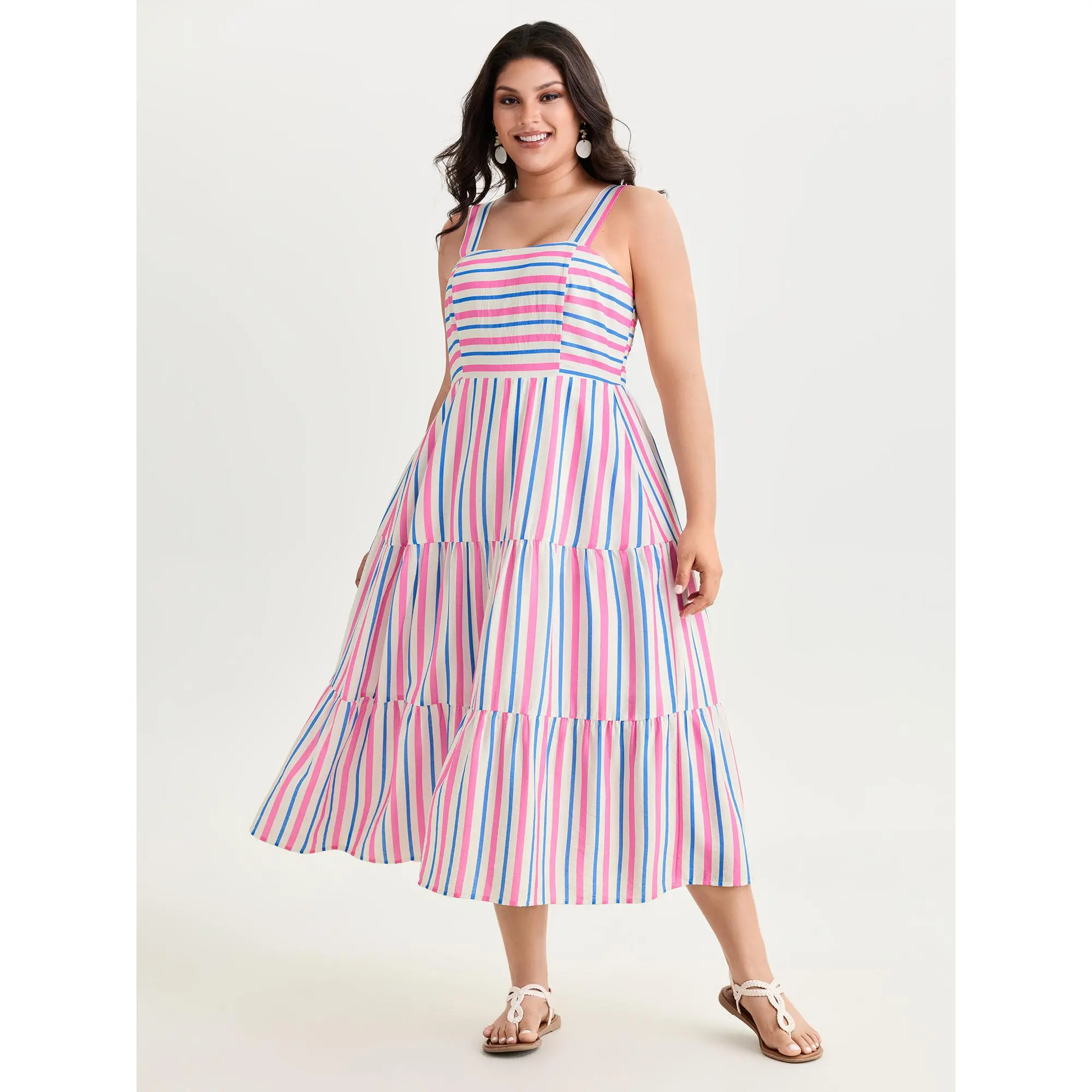 BloomChic Women's Longline Casual Dress - Boho Striped, Breezy Sleeveless, Rayon-Nylon Blend, Side Pockets, Flattering Fit, Pull-On Fast Wear, Cold Wash, Breathable, Comfy, Cool Iron, Do Not Tumble Dry, Curvy Clothing, Longline Cut