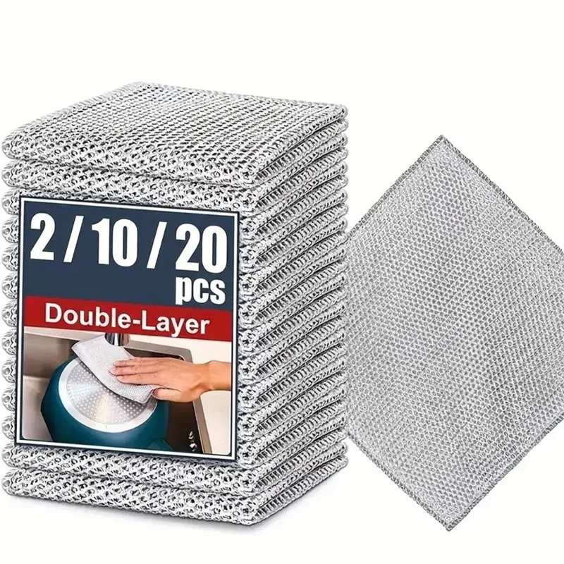 Double Layer Metal Steel Wire Dishwashing Rag, 1 Set  Double-sided Dish Cleaning Cloth, Kitchen Cleaning Cloths, Dishcloths For Washing Dishes, Kitchen Cleaning Tool for Home Dining Room Barbecue, Durable Cleaning Supplies