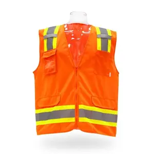 Orange Hi-Vis Safety Vest with Reflective Strips and Pockets for Enhanced Visibility and Safety in Low Light Conditions
