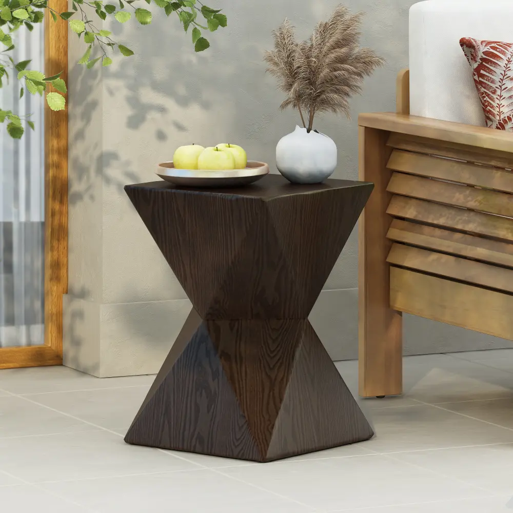 14.25" Natural Wood Grain Finish Prismatic Symmetry Concrete Outdoor Side Table with Symmetric Design – Weather-Resistant Accent for Patio, Garden, or Balcony