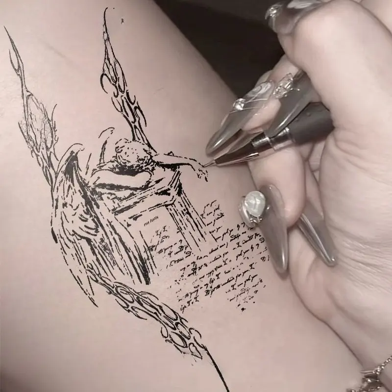 1pcs Beautiful Angel Inscription Herbal Juice Tattoo Sticker Sexy Hot Girl Temporary Fake Tattoos Arm Waterproof Durable Men and Women Halloween Party Gift Y2K Realistic