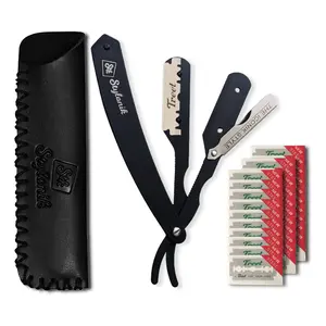 Professional Straight Edge Razor for Men – Stainless Steel Barber Razor with 60 Blades & Leather Pouch