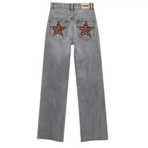 American Retro Leopard Print Star Jeans Men's New Street Loose Vintage Wide-leg Casual Versatile Trousers Cotton Denim baggy pants
