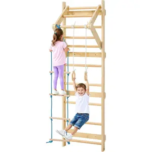 VEVOR Swedish Ladder Wall Gym, 4-in-1 8-Level Indoor Jungle Gym, 220LBS Loading Solid Wood Gymnastic Stall Bars, Indoor Playground Climbing Playset with Rings, Pull-Up Bar, Rope Ladder