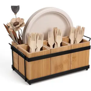 Silverware Caddy Utensil Holder for Party Countertop, Wood Cutlery Flatware Organizer Box Holder Paper Plate Dispenser with 4 Compartments Portable Handle for Spoons Forks Plates Napkins