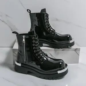 Men's High-Cut Leather Boots - Versatile Outdoor Combat & Casual Wear All-Terrain Hiking Travel & Casual Use Black Patent Leather Multi-Purpose Boots with Side Zipper