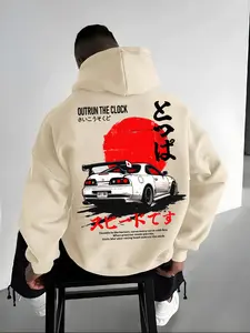 Men's Autumn Winter Japanese Cyberpunk Print, Car Graphic Hoodies, Loose Fit, Casual Street Style, Layered Wear, Car Culture Fashion