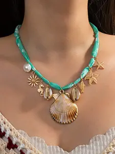 Ocean Wind Alloy Shell Seahorse Starfish Fringe Necklace, Fabric Silk Scarf Necklace, Daily Versatile Accessory (color Style Random)