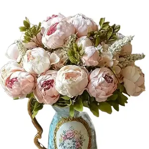 13 Heads Realistic Champagne Peony Artificial Flower Bouquet, Home Wedding Bridal Decoration DIY Craft