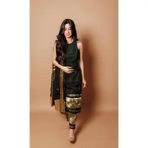 Green Silk Salwar Kameez with Jacquard Weaving