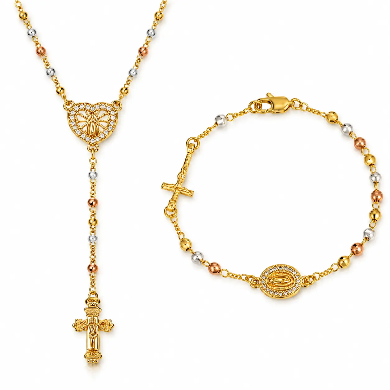 14 K Gold Plated Virgin Mary Rosary Necklace and Bracelet - Dainty Hypoallergenic Copper Jesus Cross Heart Pendant, Non Tarnish Faith Jewelry, Religious Mother's Day Birthday Gifts for Her Girlfriend Gold Statement Chain