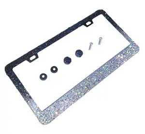 Dazzling Addiction Bling Ombre License Plate Frame Holographic Black Silver Big Chunky Glitter AB Made in USA Handmade Diamond Holder Screw Caps Personalizable Customizable Customized Dark Bedazzled Sparkly White Clear Shimmering Gift for Her Girl Women