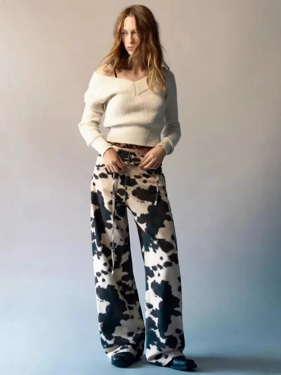 Vintage Cow Print Jeans Women Y2k Baggy Hip Hop Washed Denim Trousers Grunge Retro Streetwear Wide Leg Jeans Aestheticv