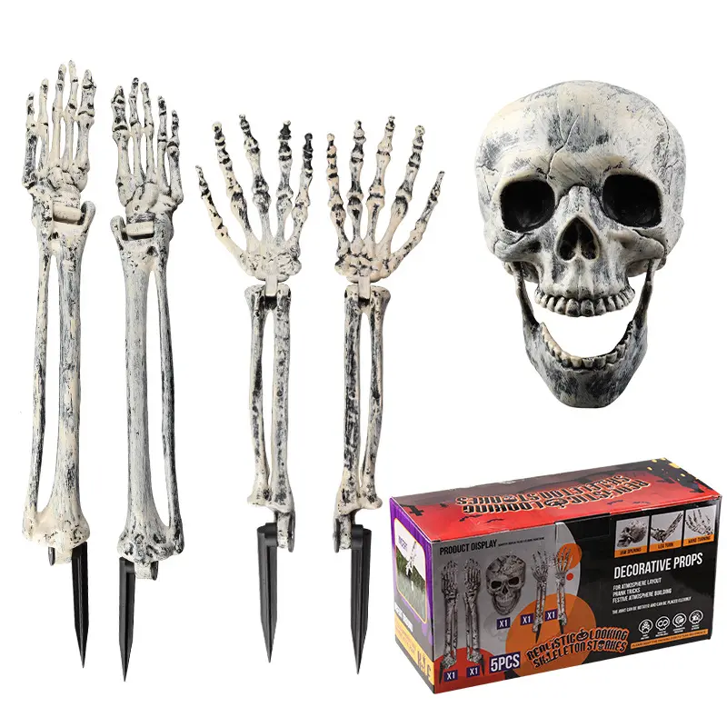 Halloween Skeleton Head Prop Set, 5-Piece Realistic Skull Decorations for Yard & Garden, Perfect for Halloween Party Scene Setup