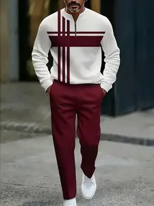 Men's Casual Sportswear Set, Athleisure Street Fit, Striped Patchwork Design, Half-Zip Long Sleeve Tee + Comfortable Pants, Ideal for Daily Wear & Sports, Athletic Fashion Activewear, Versatile Use, Seasonal Fit, Sweatsuit Matching Set