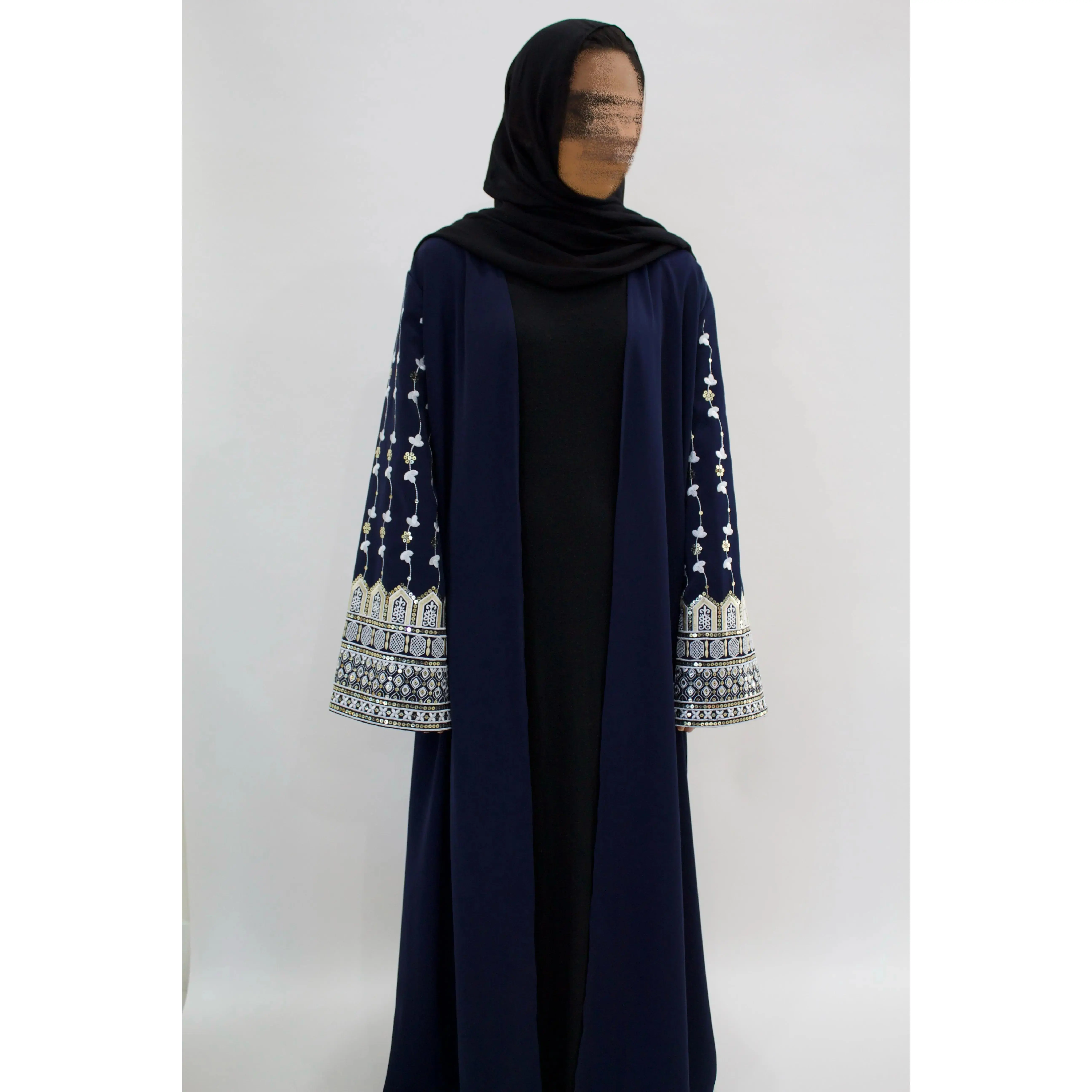 Sapphire Women's Sequins Embroidery Abaya, Elegant Long Sleeve Open Front Abaya for Women, Ladies Islamic Clothing, Navy Blue with Intricate Detailing