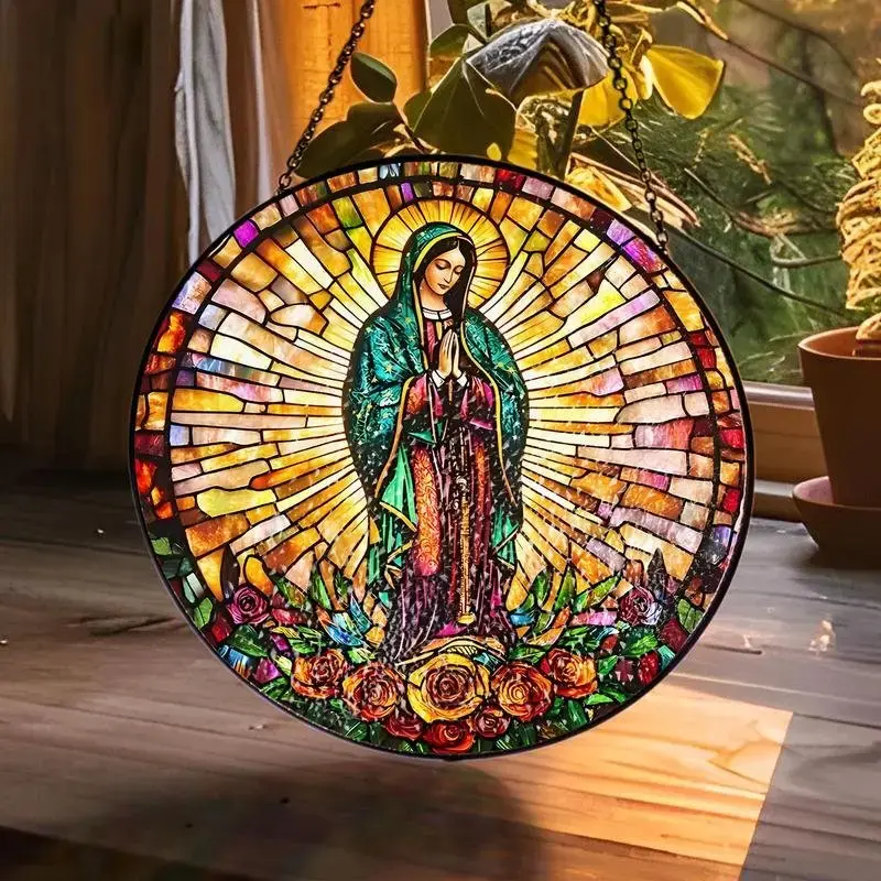 Colorful Stained Glass-Style Round Virgin Mary Suncatcher with Floral Design, Hangable Home Church Decor, Christmas Gift, Decorative