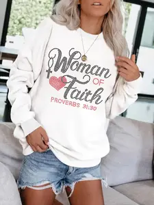Women's Casual Faith-Inspired Statement Graphic Knit Pullover, Soft Long Sleeve Round Neck Loose Sweatshirt, All-Season Comfortable Wear